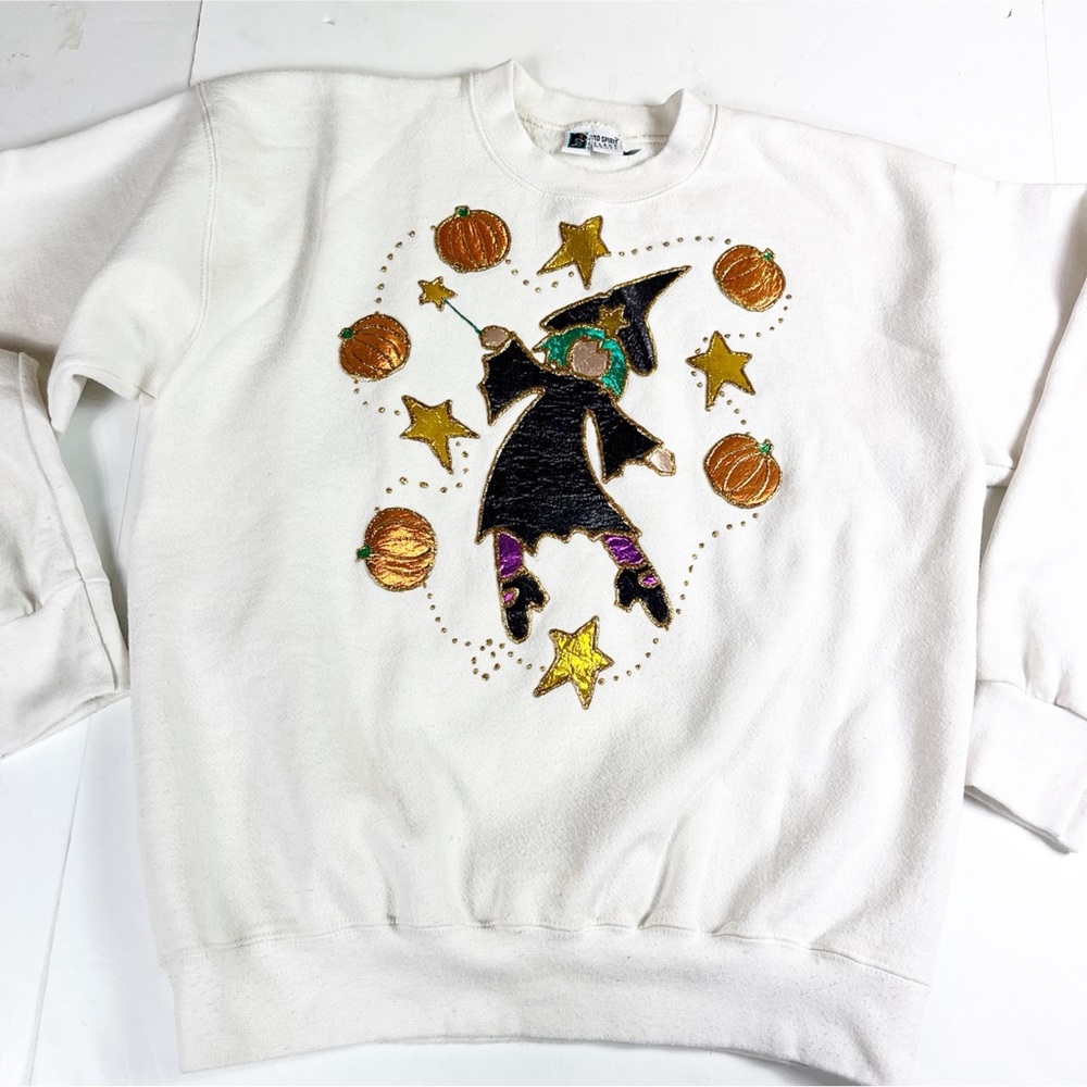 Vintage Halloween Sweatshirt Size XL Handmade Witch Pumpkins Puff Paint Sweater